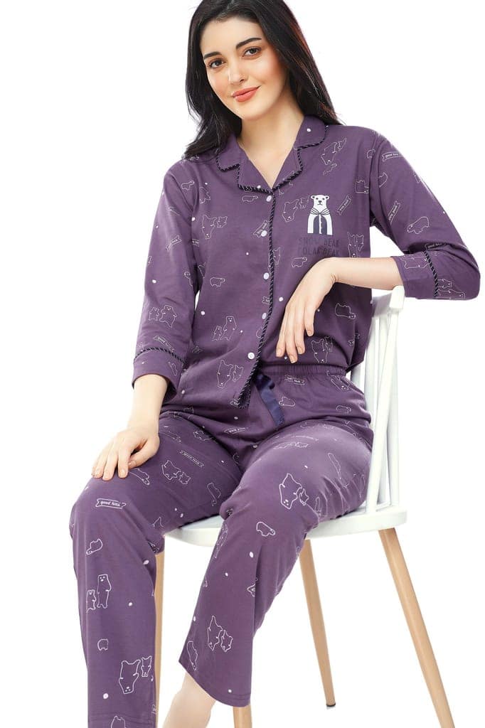 ZEYO Women's Cotton Blue Bear Printed Stylish Night suit set