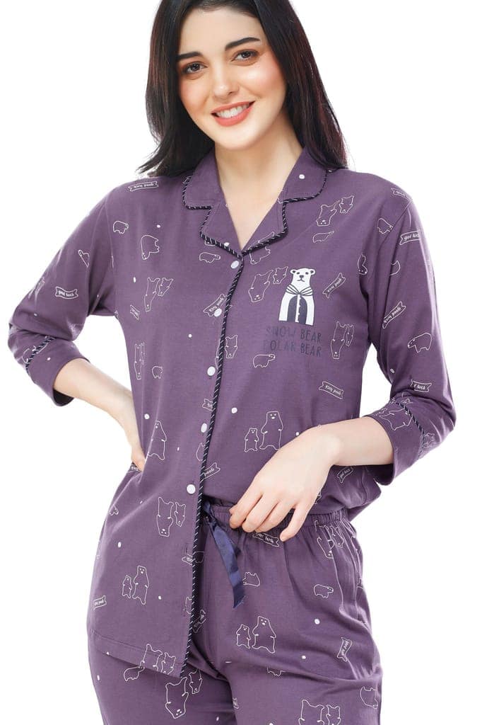 ZEYO Women's Cotton Blue Bear Printed Stylish Night suit set view 2