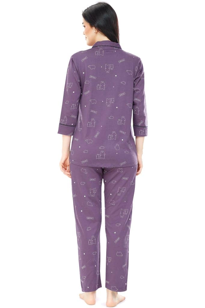 ZEYO Women's Cotton Blue Bear Printed Stylish Night suit set view 3