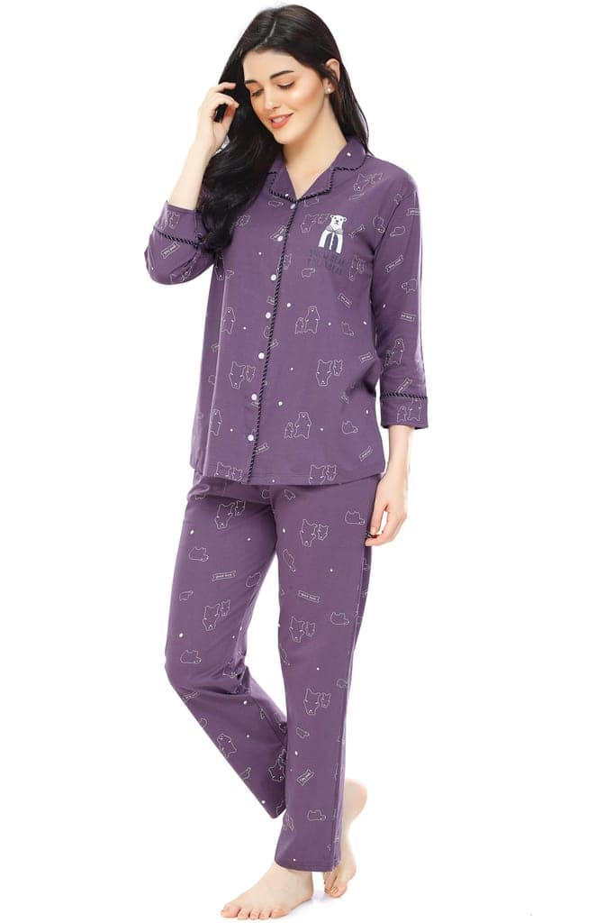 ZEYO Women's Cotton Blue Bear Printed Stylish Night suit set view 4