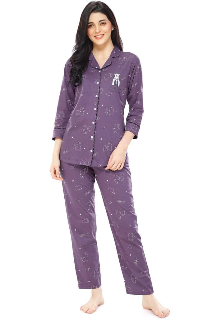 ZEYO Women's Cotton Blue Bear Printed Stylish Night suit set view 5
