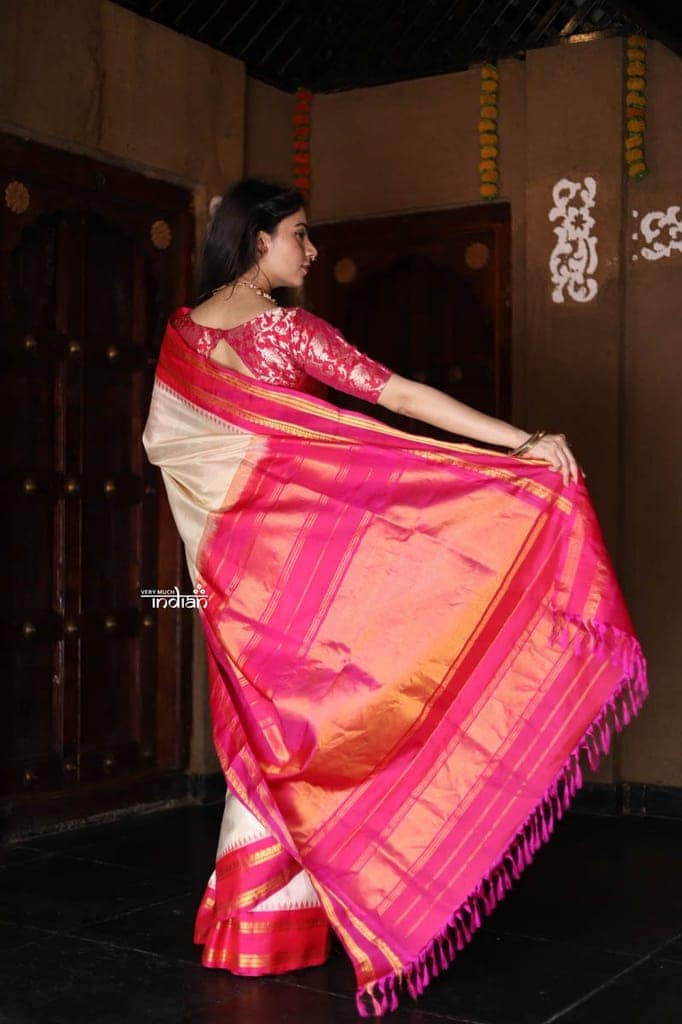 Utsaav ~ Gadwal Pure Silk Traditional Handloom Saree - Off White with Pink Border, Authentic Pure Silk view 2