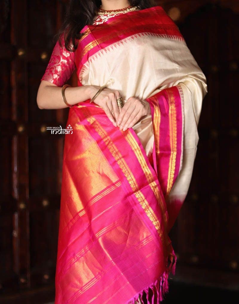Utsaav ~ Gadwal Pure Silk Traditional Handloom Saree - Off White with Pink Border, Authentic Pure Silk view 3