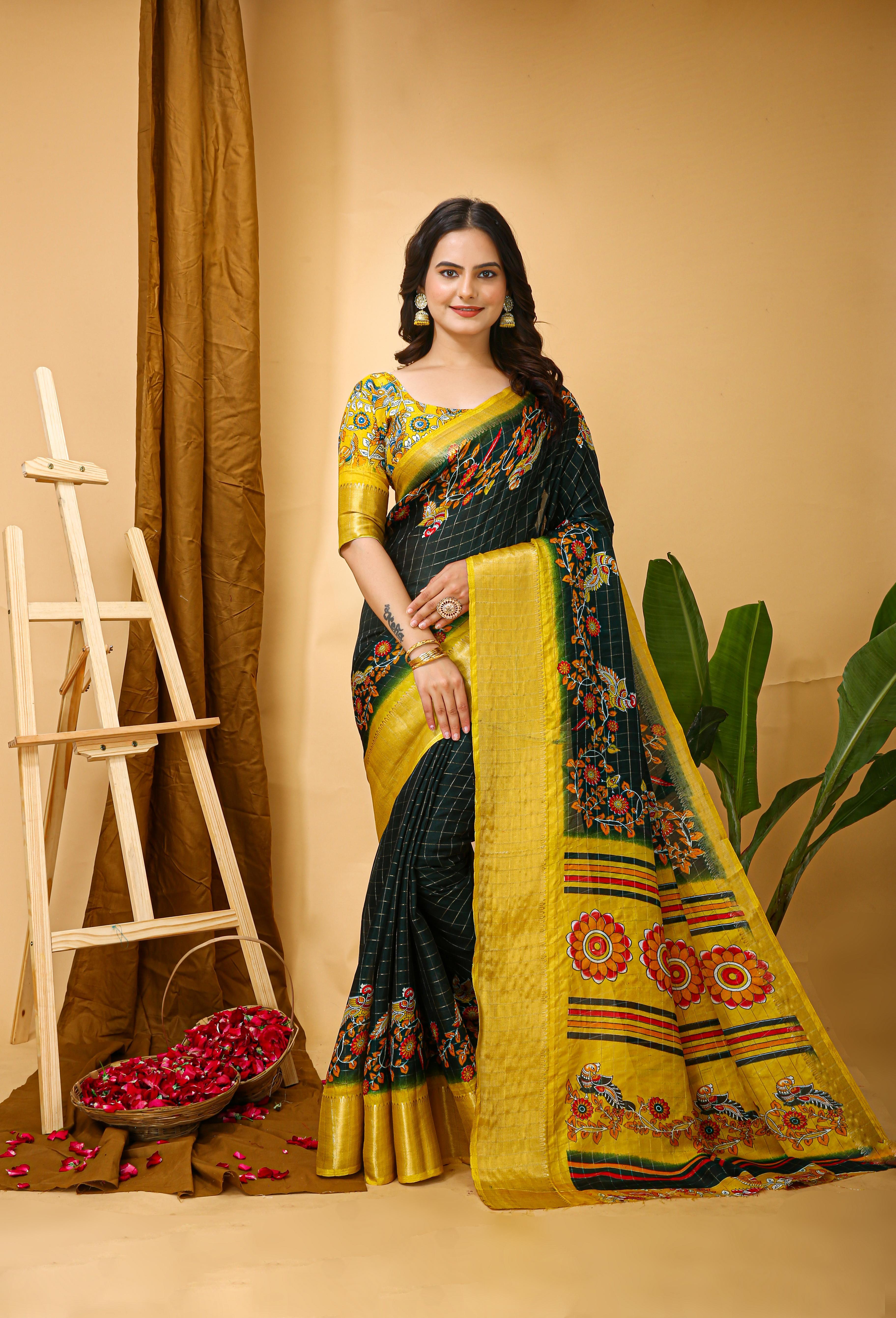 Kalamkari Print Dola Silk Saree