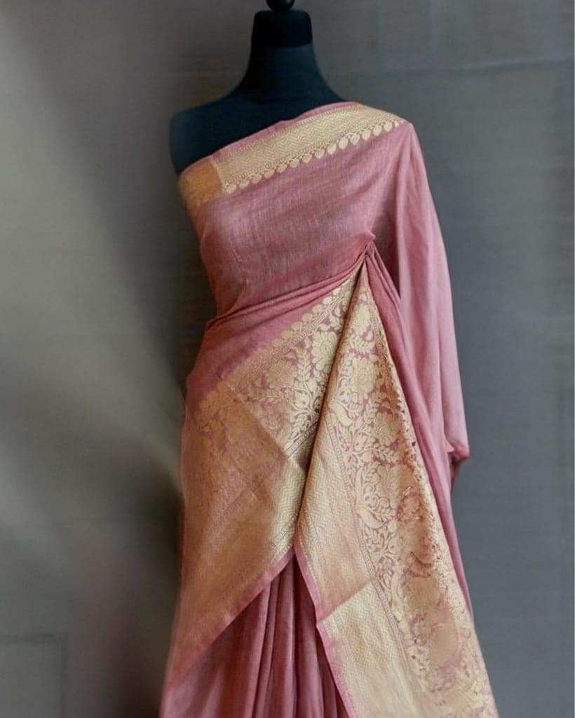 Silk Linen Weaving Design Jacquard Handloom Pink Saree with Running Blouse-2363 view 2