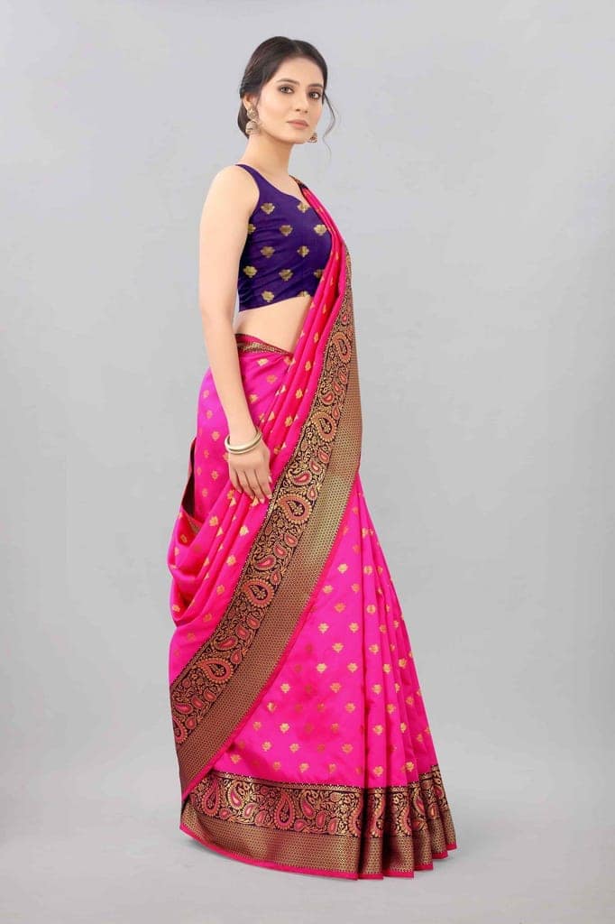 Pink &amp; Gold Zari Woven Banarasi Silk Saree view 2