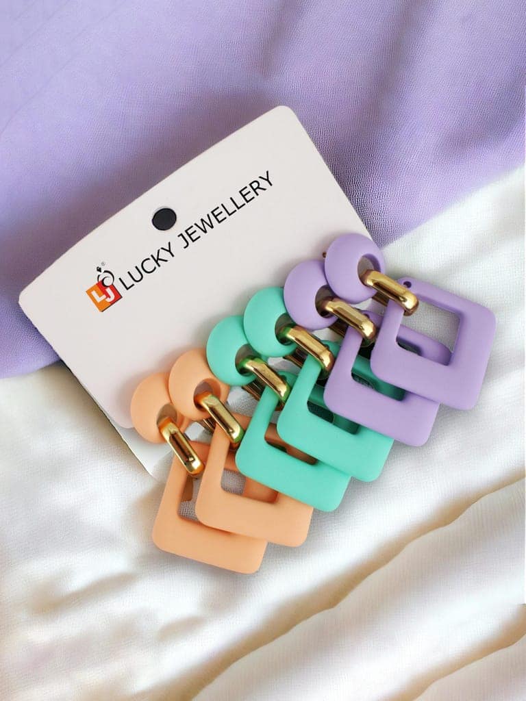 LUCKY JEWELLERY Fashion 3 Pairs Combo Set Of Latest Earrings Celebrity Inspired Stylish Trendy Multi Color Plastic Earing Chain Link Geometric Dangle Earring for Women & Girls (275-CHEX-1014-3) view 3