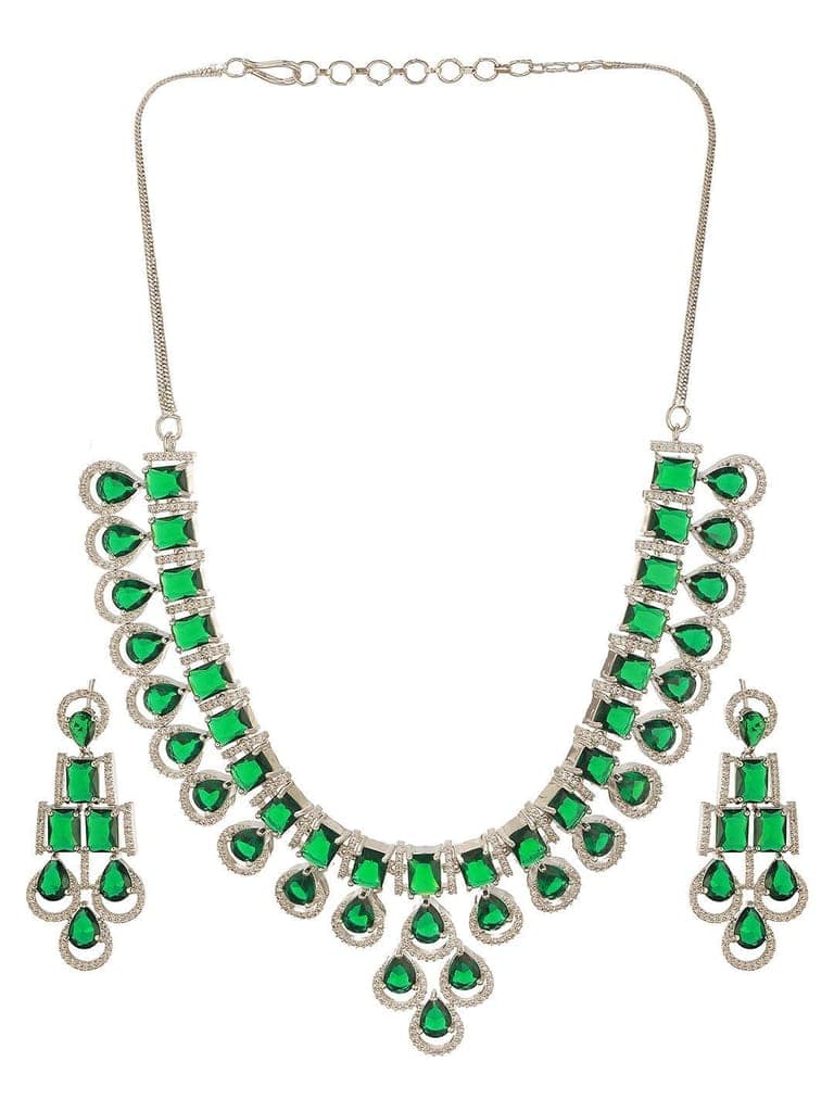 Silver Toned Emerald Green Zircon AD Studded Layered Drop Designer Statement Necklace Jewellery Set view 5
