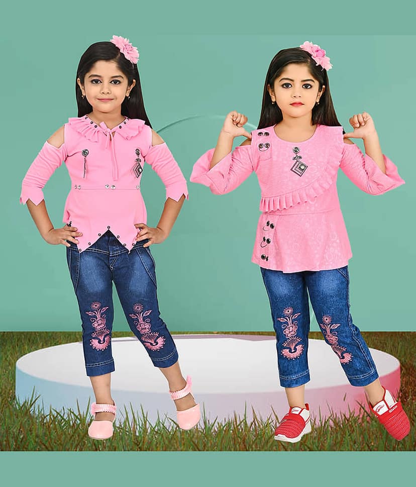 IMON BASID Pack of 2 Girls Linen Top With Jeans ( Pink )