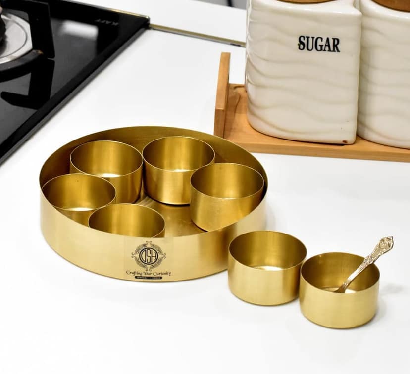 Masala Dani Set Brass Masala Box Multipurpose Uses For Kitchen Masala Containers Jars Set With 1 Spoon.(MASALAbox-MORE) view 3
