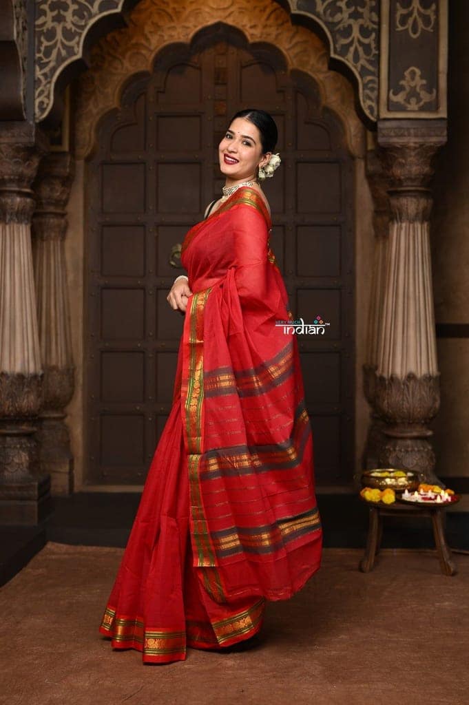 Parampara ~ Classic Pure Cotton Saree in Classic Red with Zari Border & Pallu view 2