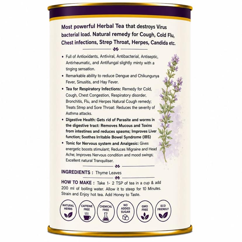 Thyme Tea 50 gm | 100% Pure Thyme Leaves | Caffeine Free Herbal Tea | Support respiratory wellness and throat comfort | Excellent alternative to normal tea view 3