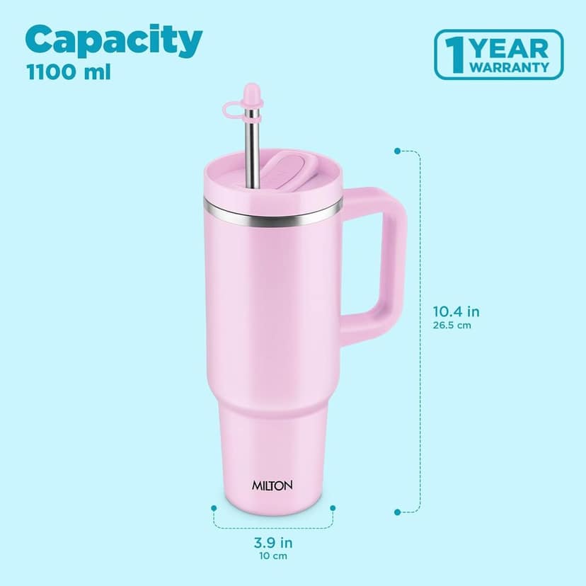 MILTON Malmo 1200 Thermosteel Double Wall Vacuum Insulated Stainless Steel Water Tumbler with Handle 1100ml,Travel Mug with Straw,Silicon Cap,Cleaning Brush,Hot & Cold Beverage Flask view 2