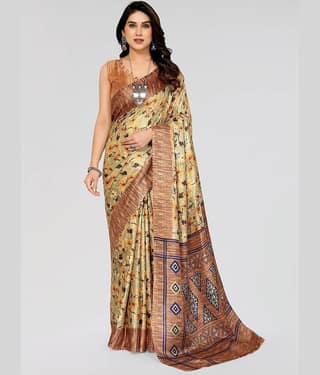 BLEESBURY Mysore Silk Printed Saree With Unstitched Blouse Piece ( Brown )