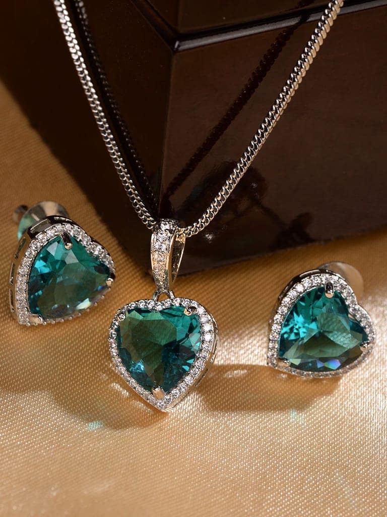 Silver Palted Blue AD Studded Heart Shaped Pendant Earrings Locket Jewellery Set view 2