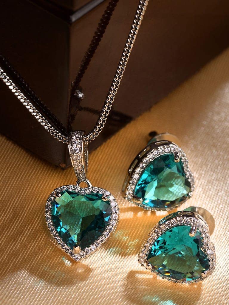 Silver Palted Blue AD Studded Heart Shaped Pendant Earrings Locket Jewellery Set view 7