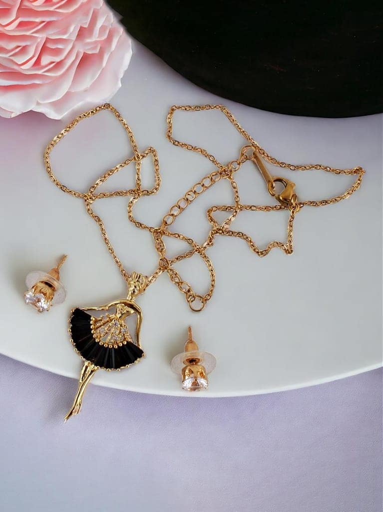 Lucky Jewellery Fashion Pendant Locket With Studs Long Chain Black Color Gold Plated Rhinestones Dancing Doll Pendants Chains Western Valentine Gifts Birthday For Girls & Women (275-CHL1S-1275-BL) view 2