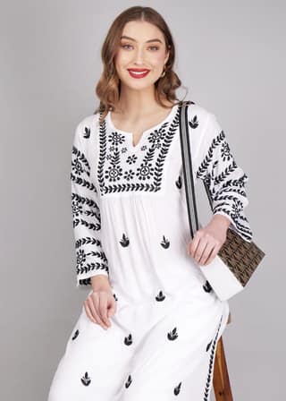 Modal White Hand Embroidered Chikankari Kurta