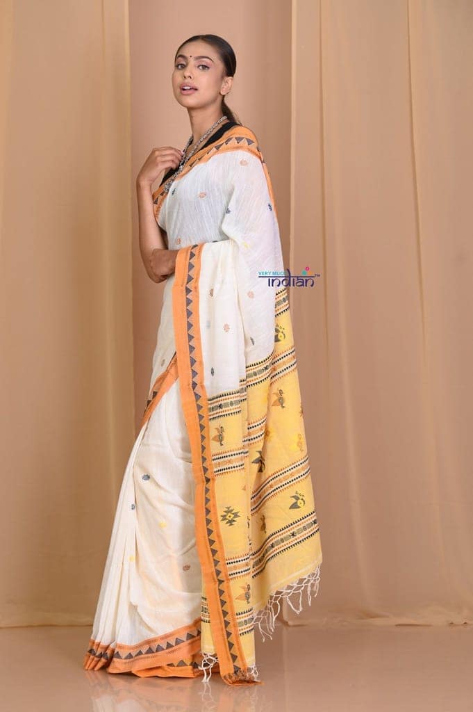 Pehal~ Authentic Khadi White Cotton Saree with yellow Border & Aesthetic Pallu view 2