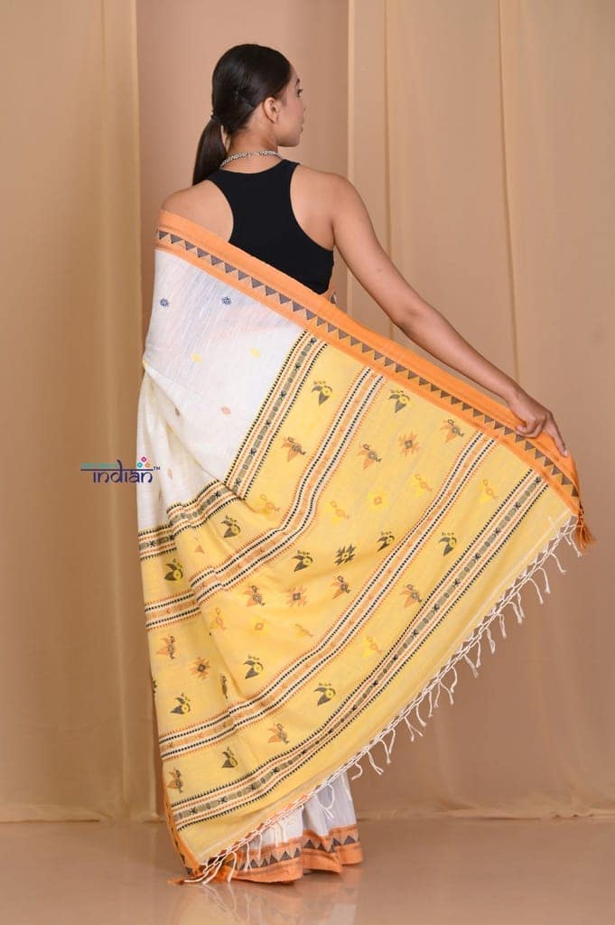 Pehal~ Authentic Khadi White Cotton Saree with yellow Border & Aesthetic Pallu view 3
