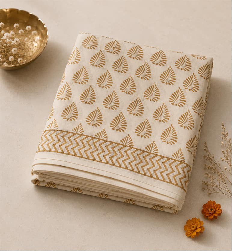 Handcrafted Bagh Print Mulmul Cotton Saree