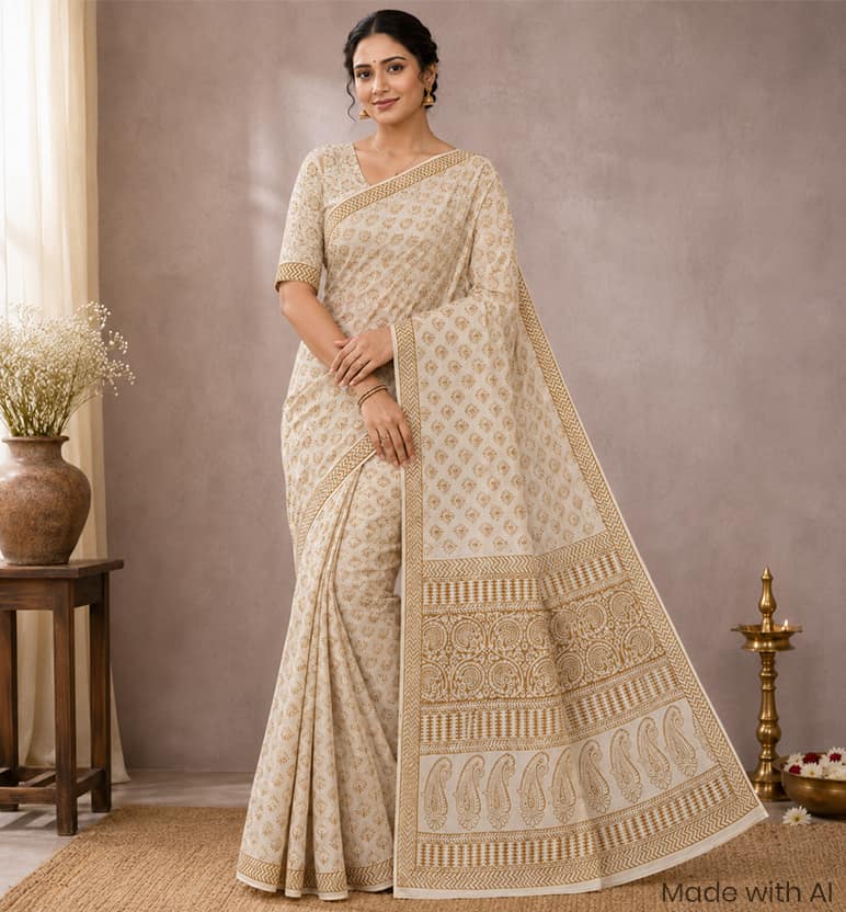 Handcrafted Bagh Print Mulmul Cotton Saree view 7