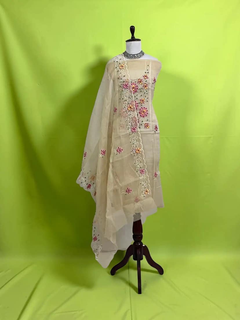 Handwoven Kota Doria Dress Material with Hand Embroidery, Biscuit Beige