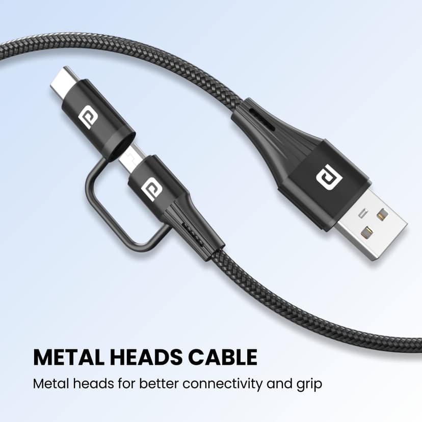 Portronics Konnect J7 20W Fast Charging Cable with Dual Output (Type C + Micro USB), Changeable Metallic Heads, 480 Mbps Data Transfer, 1M Cable Length view 3