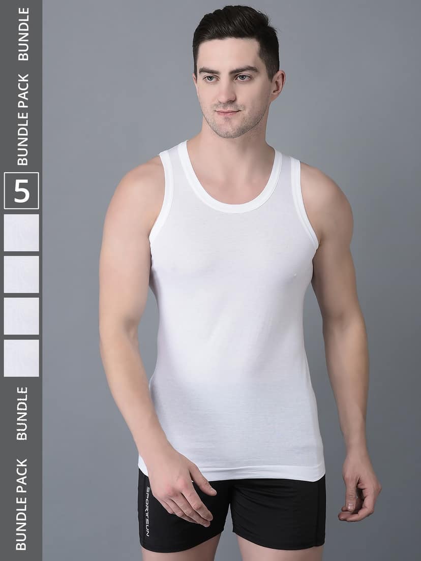 Men's White Pack of 5 Solid Egyptian Cotton Vest