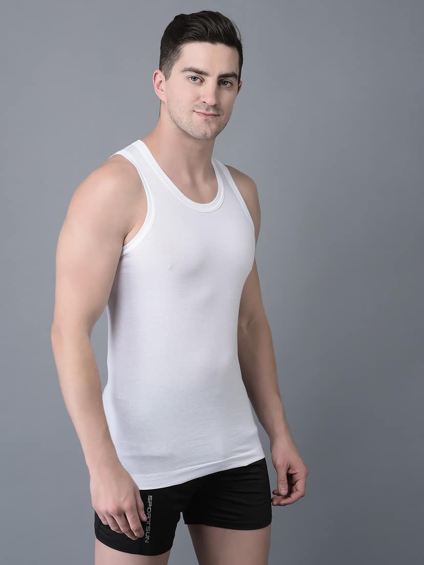 Men's White Pack of 5 Solid Egyptian Cotton Vest view 2
