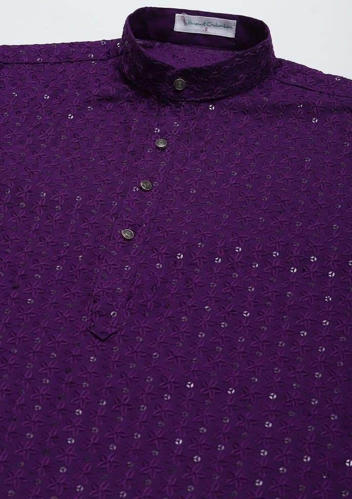 Cotton Schiffli With Sequins Solid Men's Long Kurta - Purple view 2