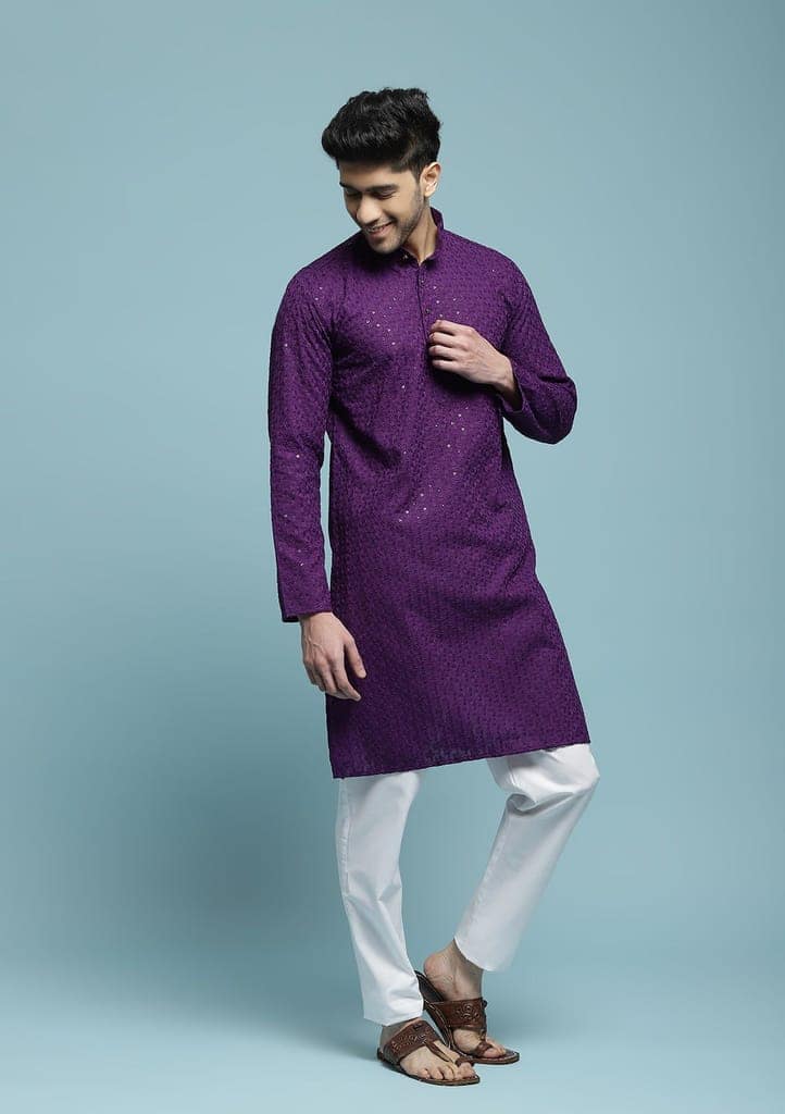 Cotton Schiffli With Sequins Solid Men's Long Kurta - Purple view 4