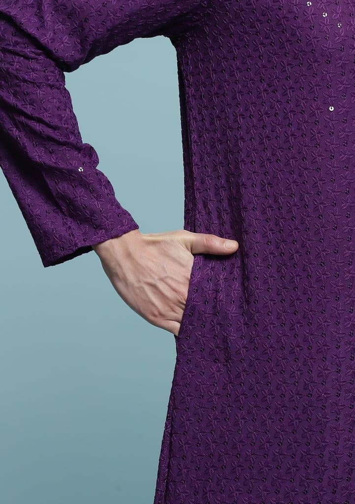Cotton Schiffli With Sequins Solid Men's Long Kurta - Purple view 5