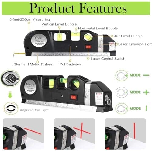 ARJ Laser Level Line Tool, Multipurpose level Kit Standard Cross Line leveler Beam tool with Metric Rulers 8ft/2.5M for Picture Hanging, Cabinets Tile Walls, Measurement tool Device view 3