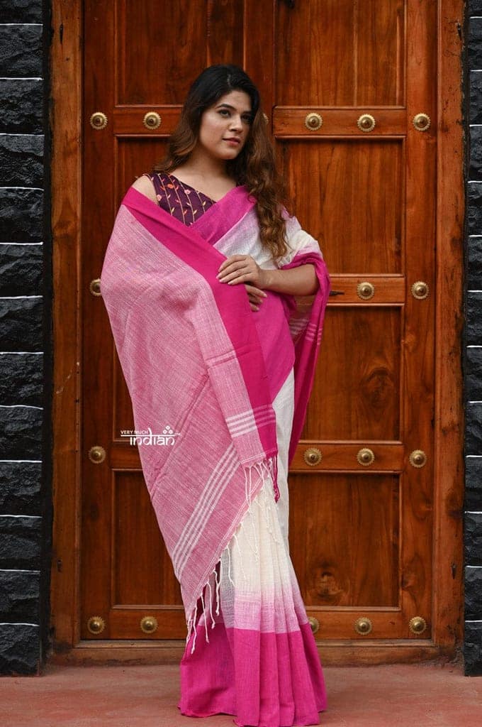 Saadgi ~Pure Cotton Handloom Sarees with Intricate Borders ~ White & Pink