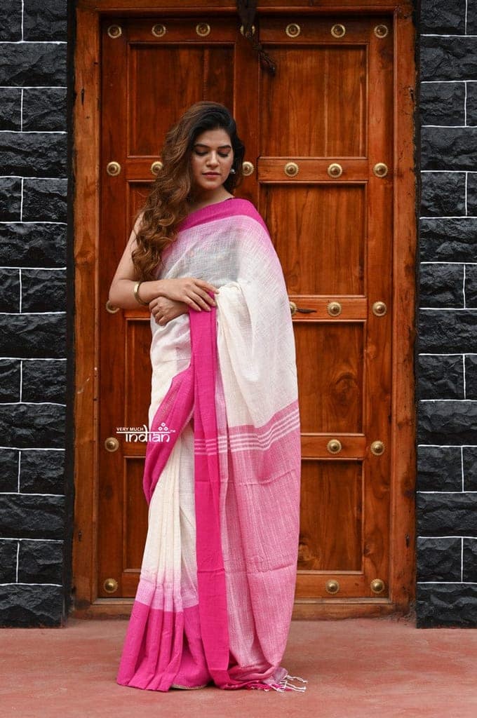 Saadgi ~Pure Cotton Handloom Sarees with Intricate Borders ~ White & Pink view 2