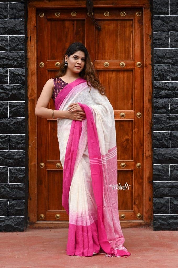Saadgi ~Pure Cotton Handloom Sarees with Intricate Borders ~ White & Pink view 3
