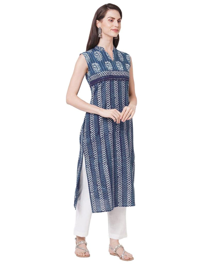 Indigo floral mirror work pure cotton kurta view 5