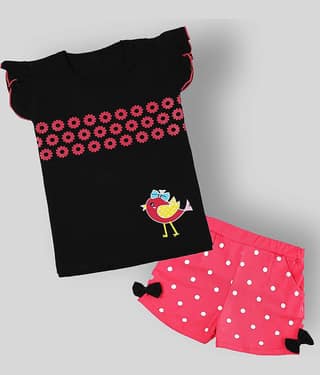 CATCUB Pack of 1 Girls 100% Cotton Top With Shorts ( Black )
