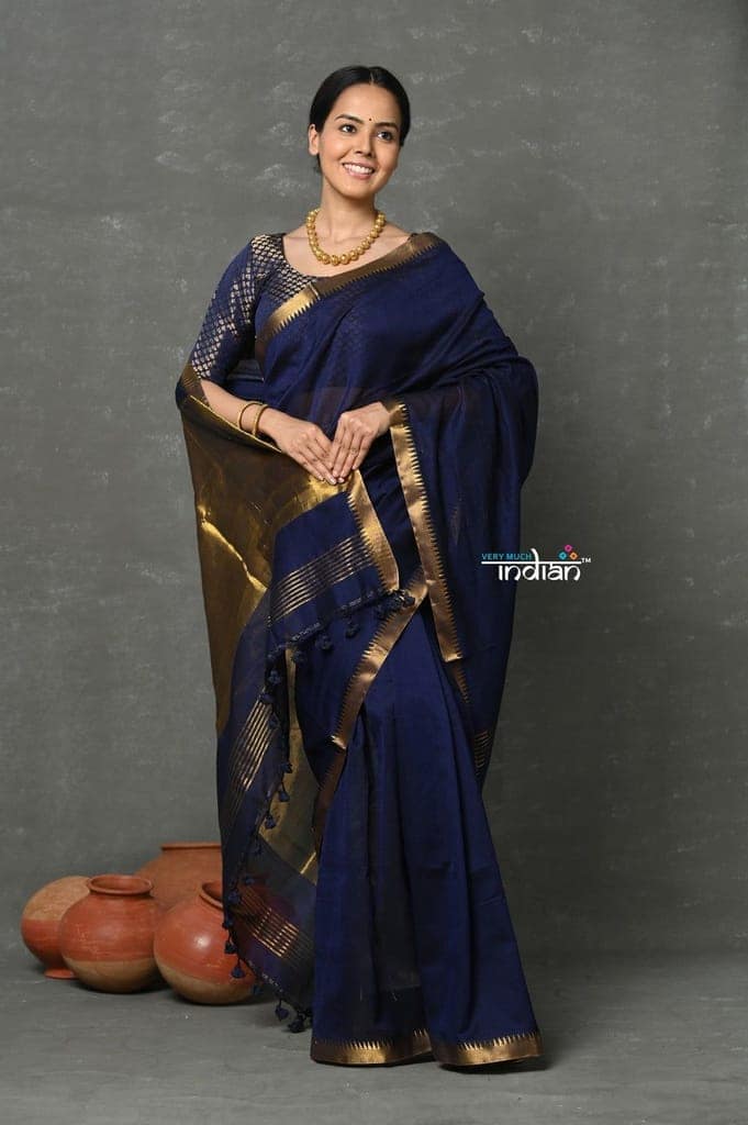 Tyohaar ~ Designer! High Quality Pure Mul Cotton Handloom Saree - Dark Blue view 2