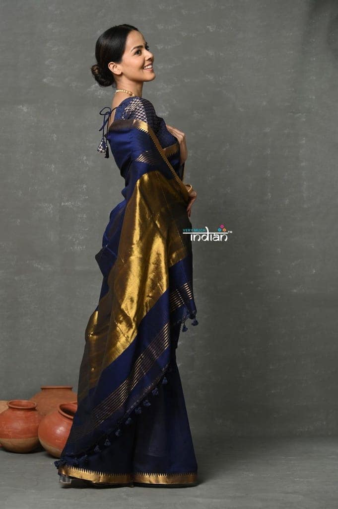 Tyohaar ~ Designer! High Quality Pure Mul Cotton Handloom Saree - Dark Blue view 3