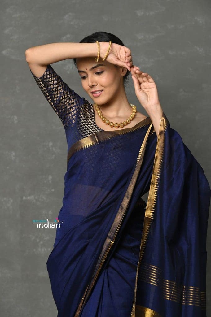 Tyohaar ~ Designer! High Quality Pure Mul Cotton Handloom Saree - Dark Blue view 4