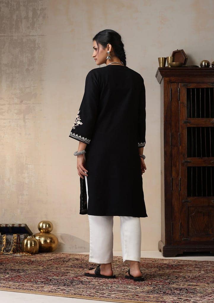 HOC Crafts Aari Embroidered Woollen Solid Women's Long Kurta - Black view 8