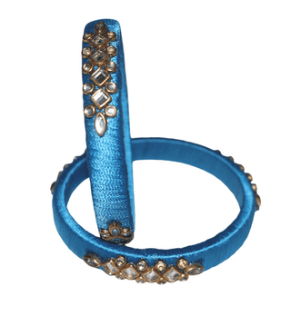 Kundan and Stone Work Sky Blue Silk Thread Bangles (Set of 2)