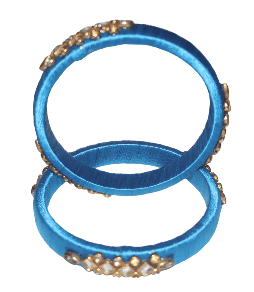 Kundan and Stone Work Sky Blue Silk Thread Bangles (Set of 2) view 2