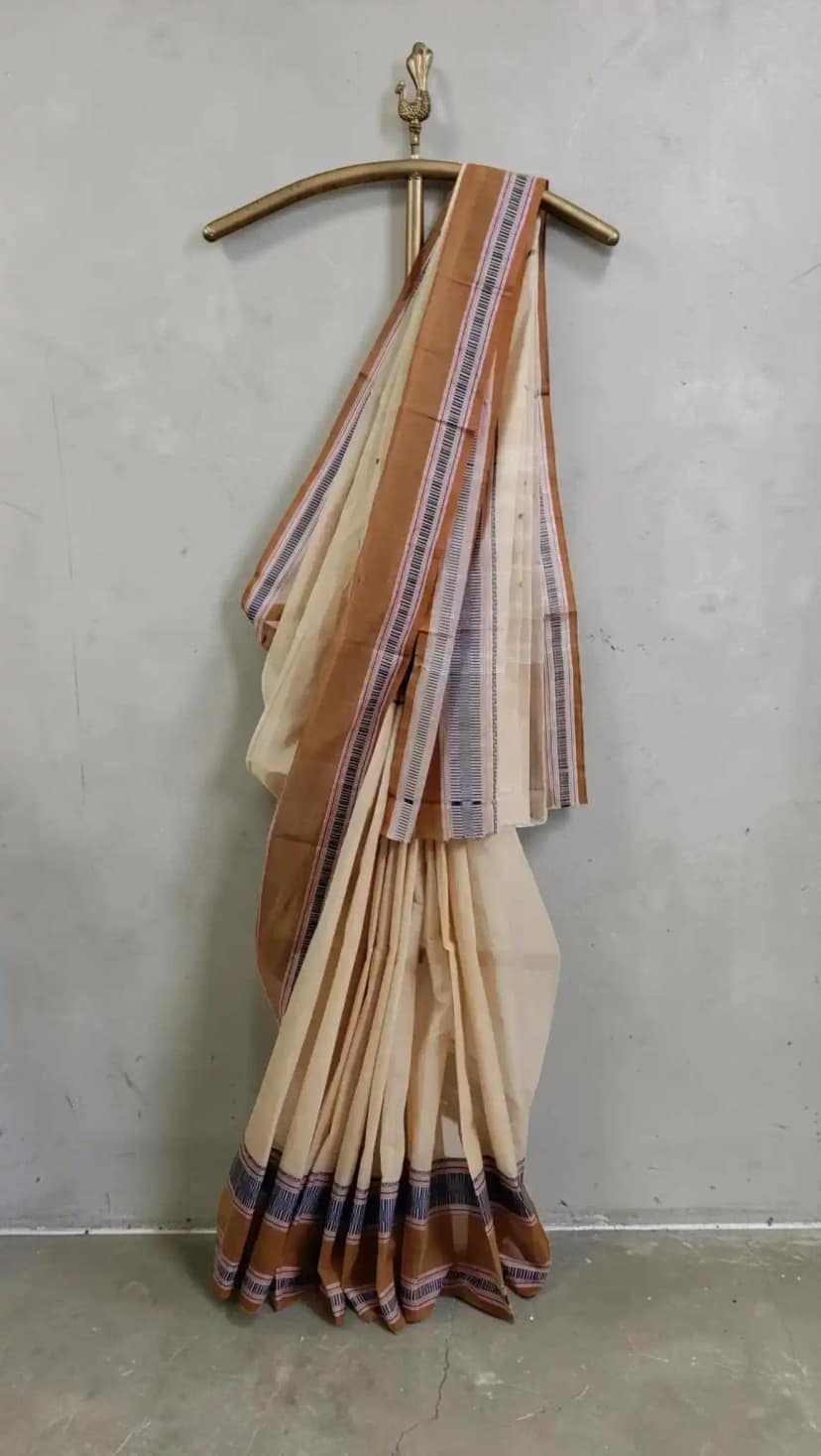 Handwoven Kanchipuram Cotton-Silk Saree in Tan with Blue Striped Border view 3