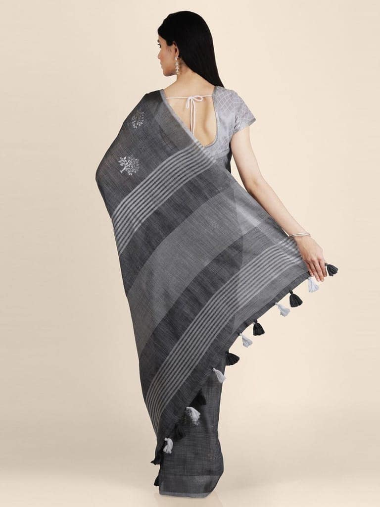 Grey Linen Saree With Foil Print view 2