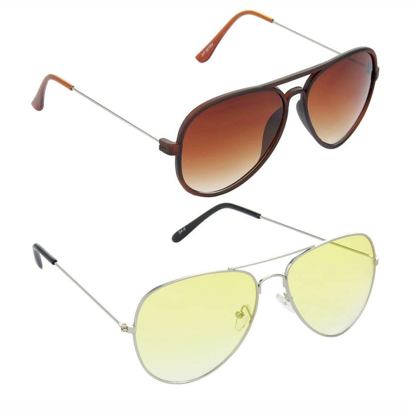 HRINKAR Men Women Boys & Girls Pilot & Rectangular Sunglasses Brown & Silver Frame, Brown & Yellow Lens (Medium) Pack of - 2