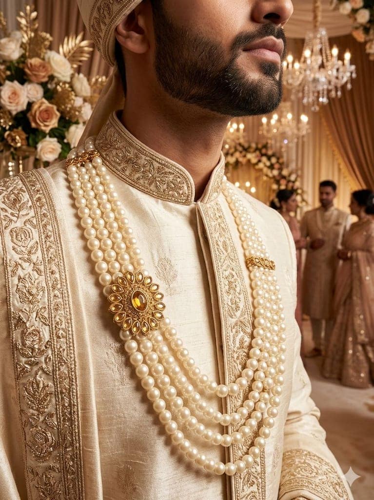 white pearl necklace ford groom and party wear