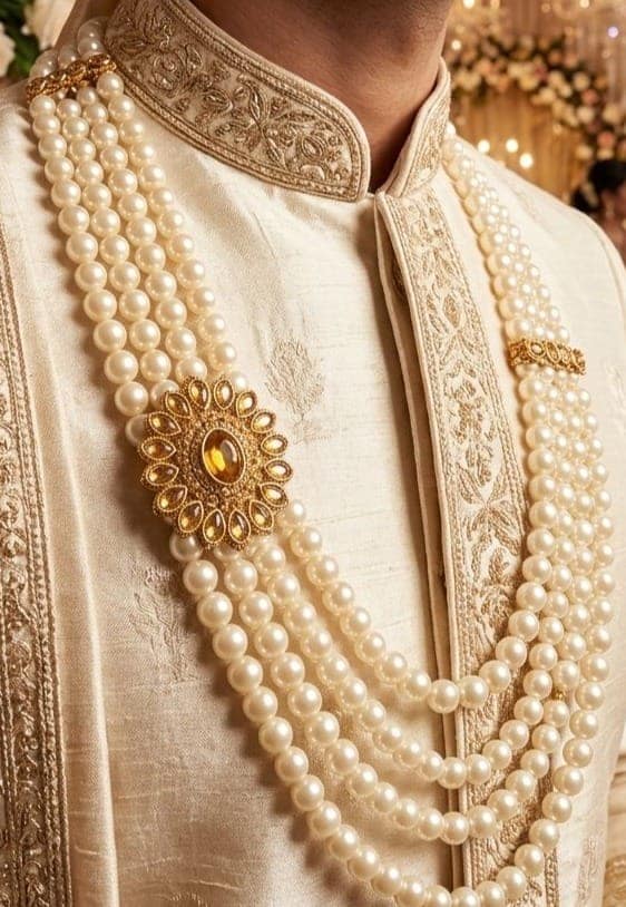 white pearl necklace ford groom and party wear view 3
